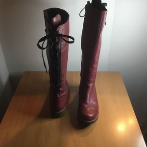 Wokly Red Lace Up Knee High Riding Boots Size 38